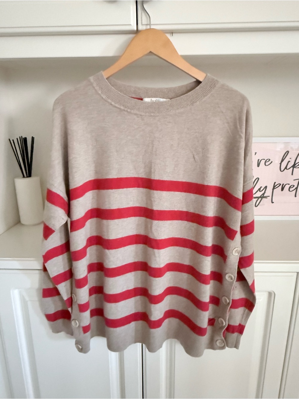 Boden Grace Beige Crewneck Sweater with Red Stripes
